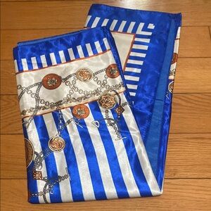 Blue and White Striped Scarf with Chain Print